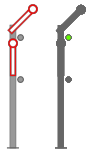 ramię semafora wzniesione pod kątem 45 stopni do poziomu, na prawo od słupa semaforowego