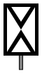 prostokątna biała tablica z czarnym obramowaniem, a na niej dwa czarne kąty – jeden nad drugim, stykające się wierzchołkami
